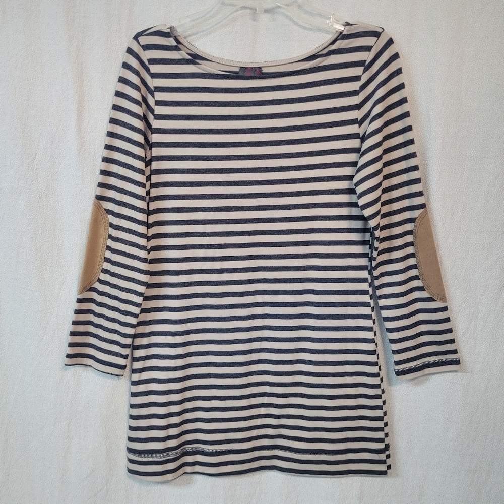 Wallpapher Women's Small 3/4 Sleeve Elbow Patch Blouse Tan/Black Striped Stretch